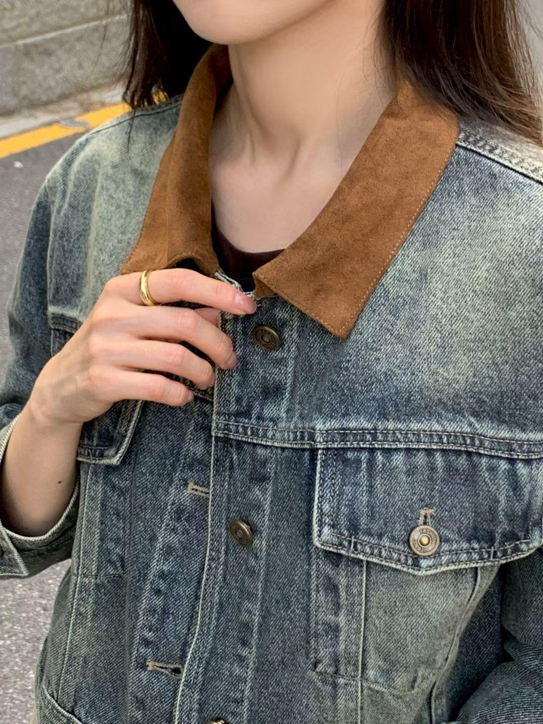 拼接領洗色牛仔外套